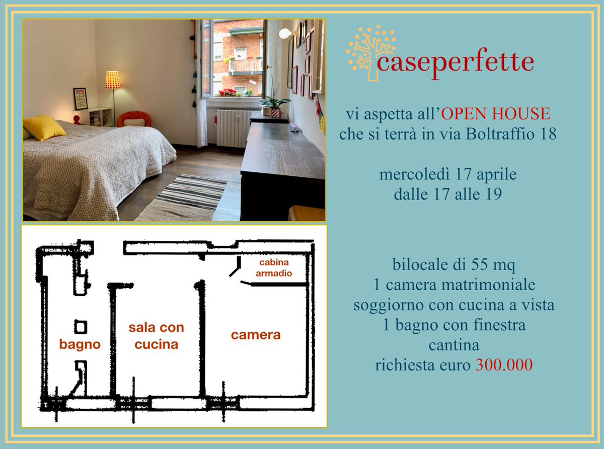 Bilocale di 55 mq in vendita in zona Isola. Open house per i cercatori mercoledì prossimo, prenotatevi con un tweet