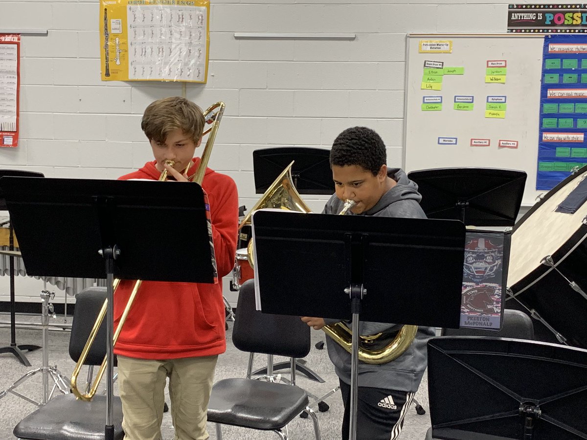 TuckerCreekBand's tweet photo. I challenged some sixth grade #MightyMustangs to plan the music and they will use and prepare their #WhyBand story for our recruitment at @ArthurEdwardsEl and @WJGurganus this week. They planned, chose and rehearsed all on their own today! #StudentLeadership @TuckerCreekMS https://t.co/K0WjWtqIIj