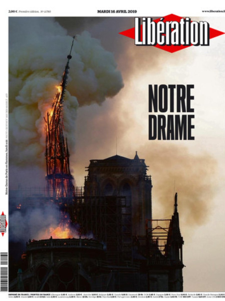 nicolasberrod's tweet photo. Les Unes des quotidiens de demain, dont trois fois la même terrible photo de la flèche de #NotreDame en train de se briser https://t.co/Vxdd4Yu4nh