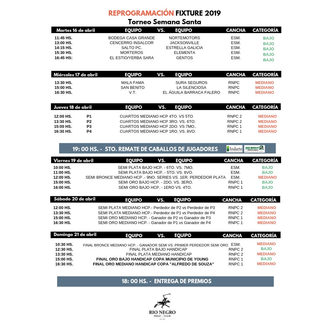 RNPC_Polo's tweet photo. Les dejamos la REPROGRAMACIÓN del fixture de Semana Santa 2019.

#rionegropoloclub #torneopolo #semanasanta #semanasantaenrnpc #rnpc #rnpc110años https://t.co/1aRd2KLwH6