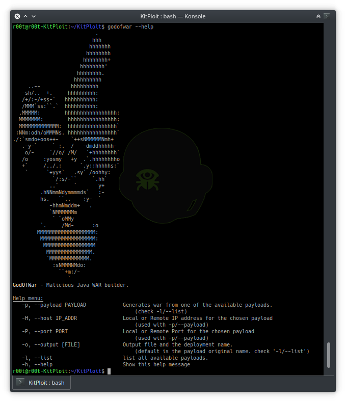 KitPloit's tweet image. GodOfWar - Malicious Java WAR Builder With Built-In Payloads j.mp/2DfnYlb #BindShell #Godofwar #JAR #JSP #Linux #msfvenom