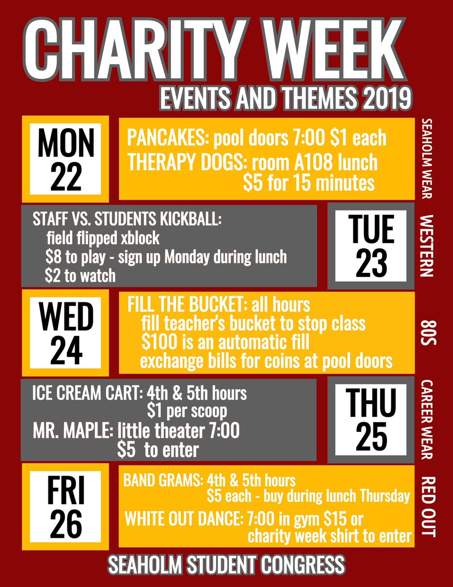 SeahomStuCo's tweet image. 💰Charity Week is next week (April 22-26)!! Check out this year’s events! 💰