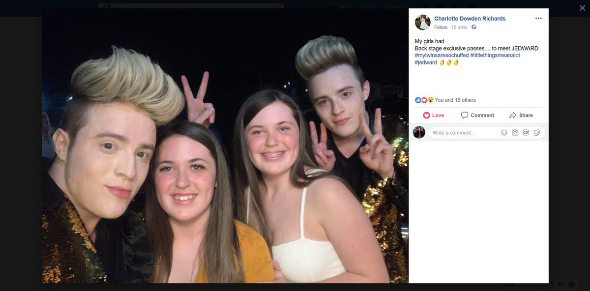 'My girls had
Back stage exclusive passes ... to meet JEDWARD #mytwinsaresochuffed #littlethingsmeanalot #jedward 👌👌👌'

 facebook.com/photo.php?fbid…