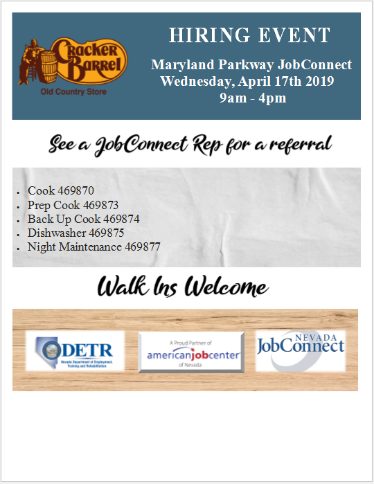 EmployNVSouth's tweet photo. Cracker Barrel is hiring! Hiring Event on 04.17.2019.
#HiringNow https://t.co/bPSXLSUuWC