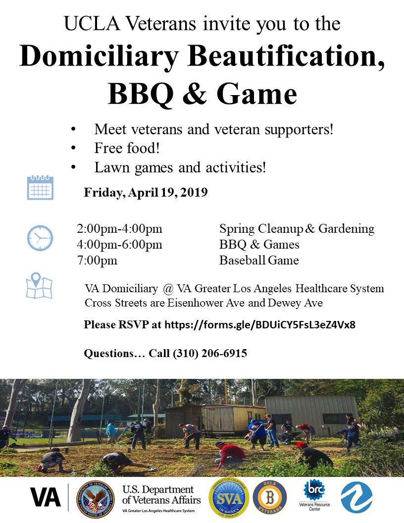 UCLAforVeterans's tweet photo. Time for some spring cleaning! Join the @uclaveterans on Friday (4/19) for a West LA VA Beautification, BBQ &amp; UCLA Baseball Game.  See flyer for more details. #UCLA #Veterans #UclaSupportsVets #LosAngelesVA

***Reminder: All @UCLABaseball home games are FREE for Veterans!*** https://t.co/g52r7YIRbK