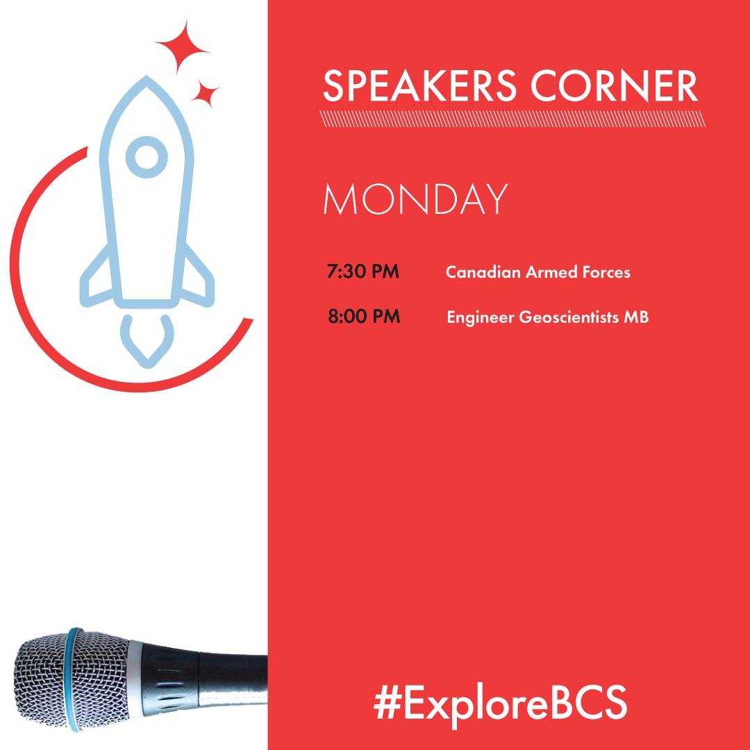 Check out Speakers corner tonight! You'll hear from the Canadian Armed Forces and Engineers Geoscientists of Manitoba. 

We're open 7:00 PM - 9:00 PM tonight at the Keystone Centre

#explorebcs #careersymposium #explore #discover #brandonmb #bdnmb #manitoba #speakerscorner