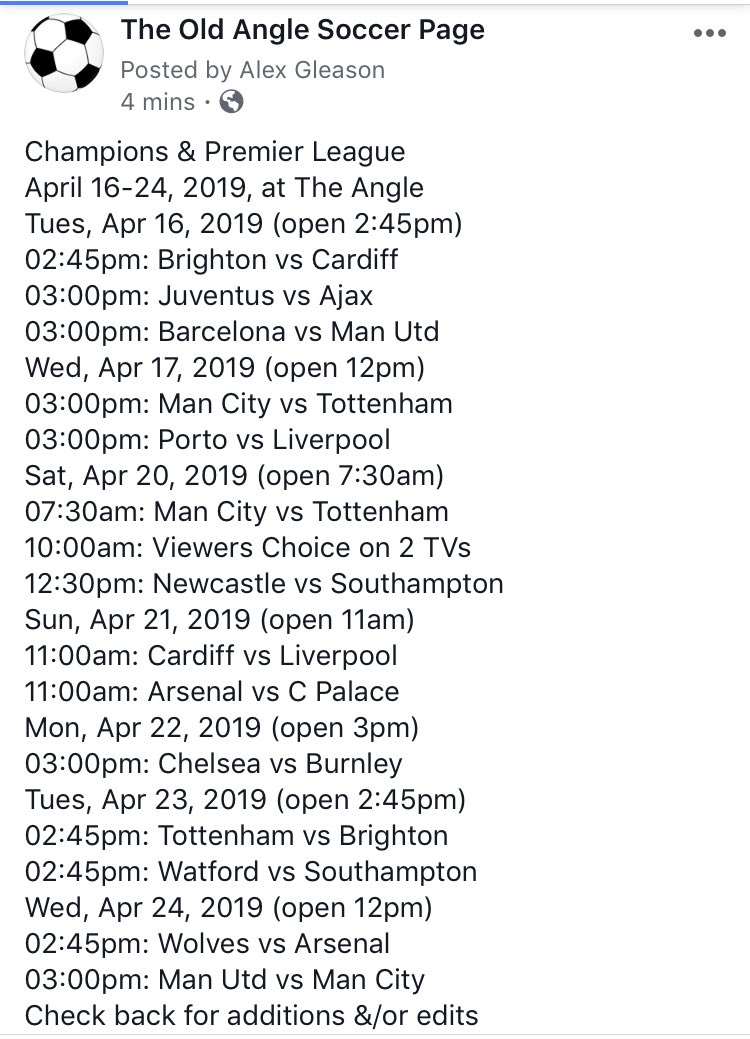 Soccer action, April 16-24, 2019, at The Angle ⁦<a href="/oldangletavern/">Old Angle</a>⁩