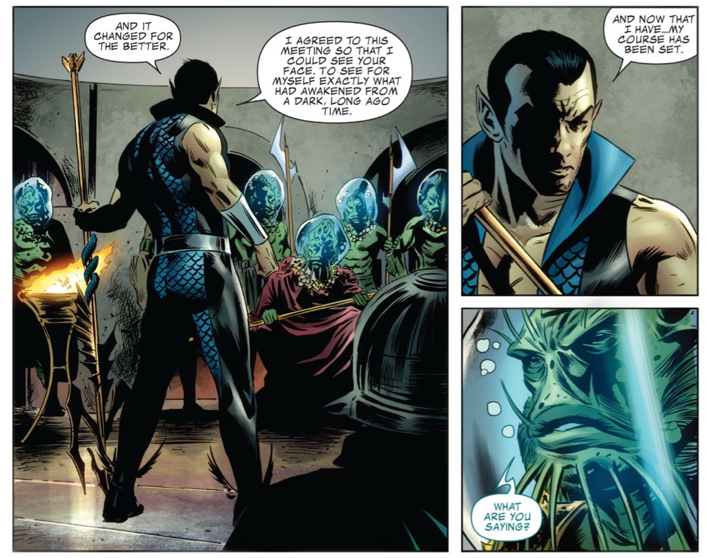 Classic Namor.Hickman even preserves the rhythm of the sequence, building slowly to the page turn and then... trident!(Fantastic Four #585/New Avengers #19.)