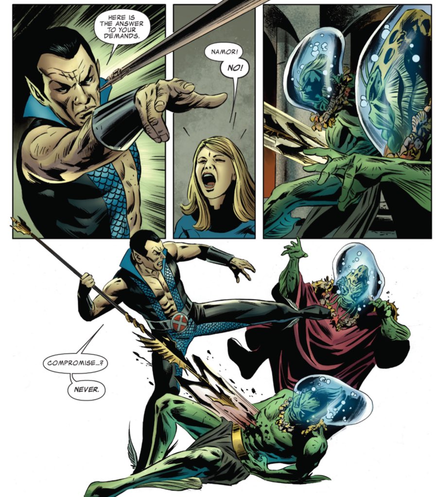 Classic Namor.Hickman even preserves the rhythm of the sequence, building slowly to the page turn and then... trident!(Fantastic Four #585/New Avengers #19.)
