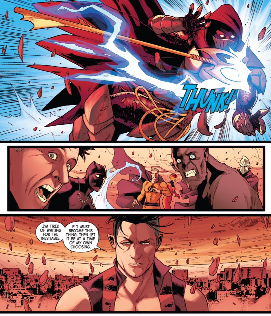 Classic Namor.Hickman even preserves the rhythm of the sequence, building slowly to the page turn and then... trident!(Fantastic Four #585/New Avengers #19.)