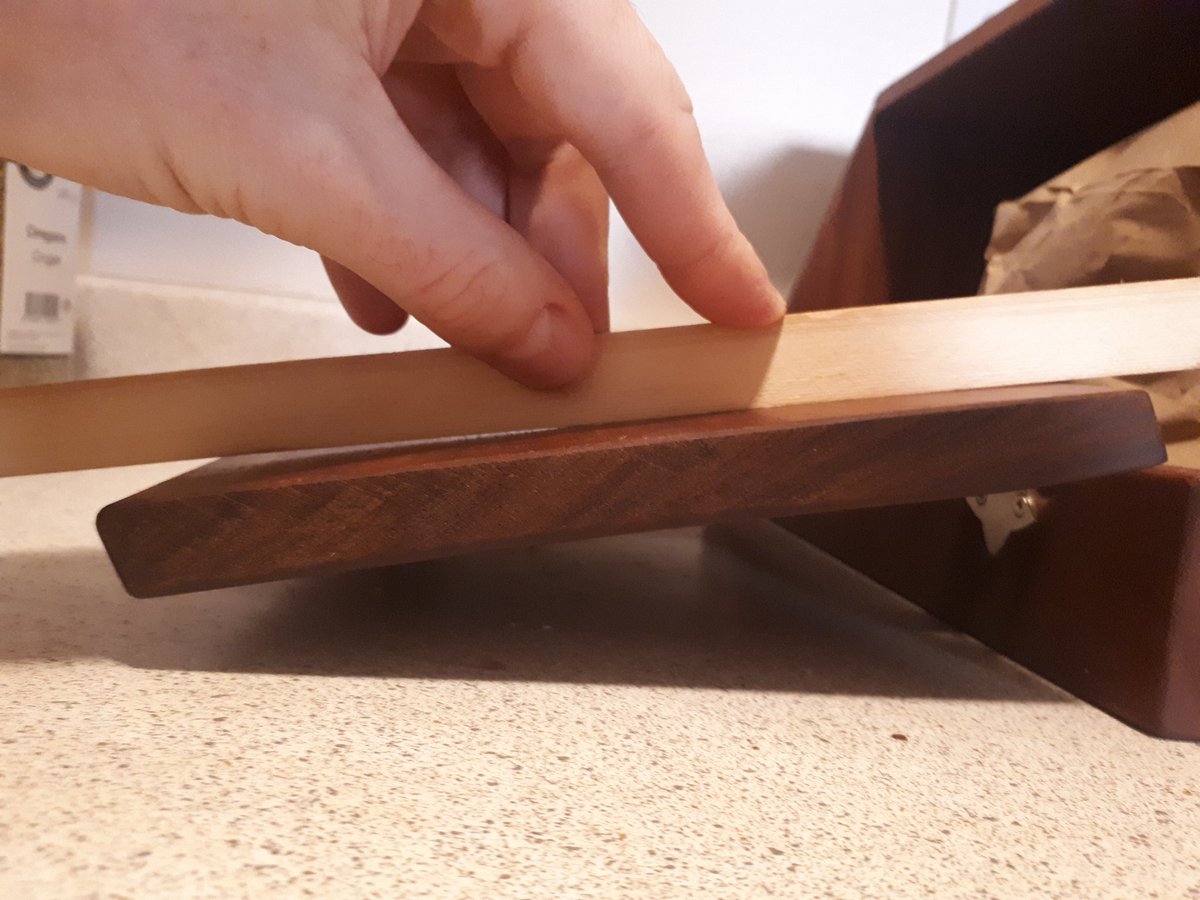 pixelton's tweet photo. Somewhat expected and a constant if you work with solid wood. The front panel of my breadbox is warping. Possibly from it being freshly planed, it originally being very dry, it being more humid inside the box that outside. https://t.co/sgY8S9oF1W