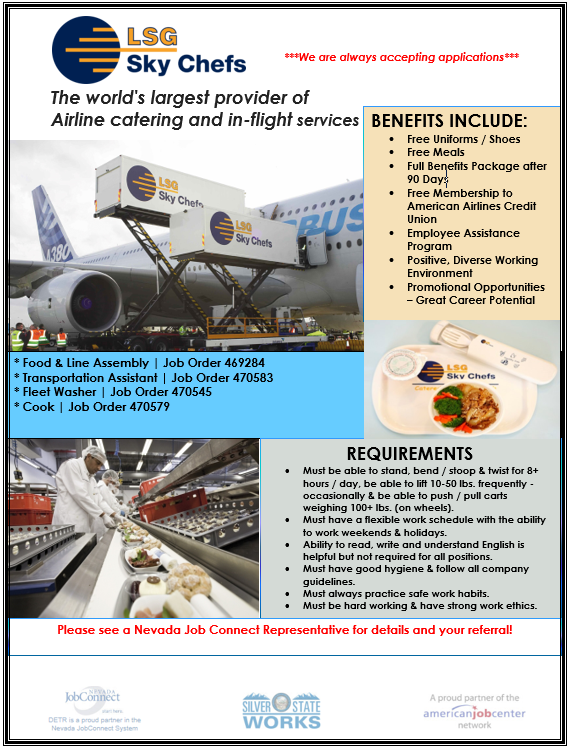 EmployNVSouth's tweet photo. LSG Sky Chef is hiring for several positions - come join us for their hiring event on Friday April 19th, 10:00am - 12:00pm at the Maryland Parkway JobConnect https://t.co/kYGvh0sXsb