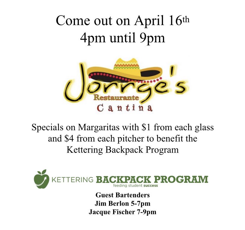 Ready for the spring weather tomorrow? Enjoy it with us at Jorrge’s Restaurante Cantina tomorrow, April 16th from 4pm-9pm! 

Come see our guest bartenders listed below and support KBI! 🎒😀 

#feedingstudentsuccess