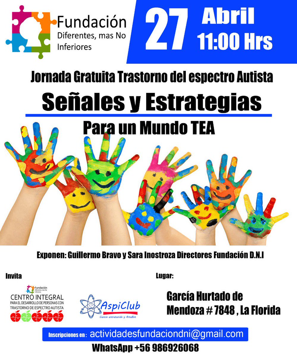 ATENCIÓN!

Jornada Gratuita!

"Diagnóstico y Estrategias para un mundo Tea".

Inscripciones en:
Actividadesfundaciondni@gmail.com

Les invitamos a compartir junto a nosotros esta experiencia enriquecedora.

#FundaciónDiferentesNoinferiores