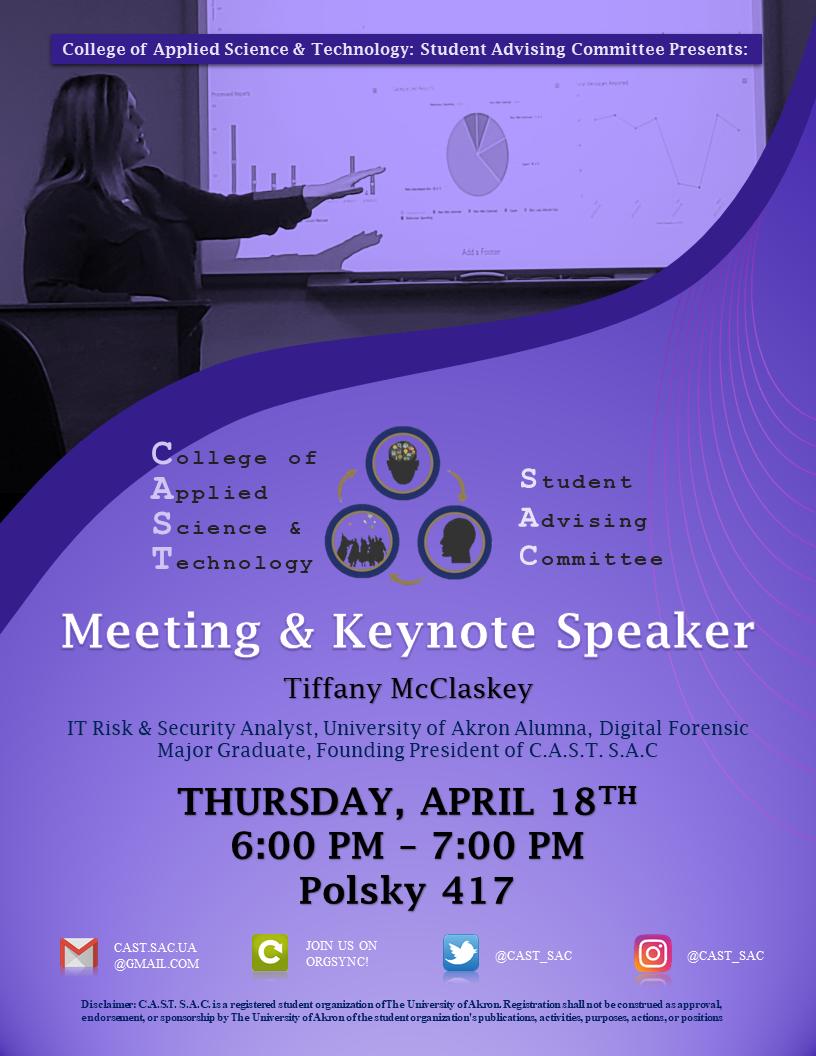 CAST_SAC's tweet photo. @CAST_SAC presents our Keynote Speaker: IT Risk &amp; Security Analyst  Tiffany McClaskey! Join us this Thursday, April 18th, 6:00pm at Polsky 417! https://t.co/J4PC7US57z