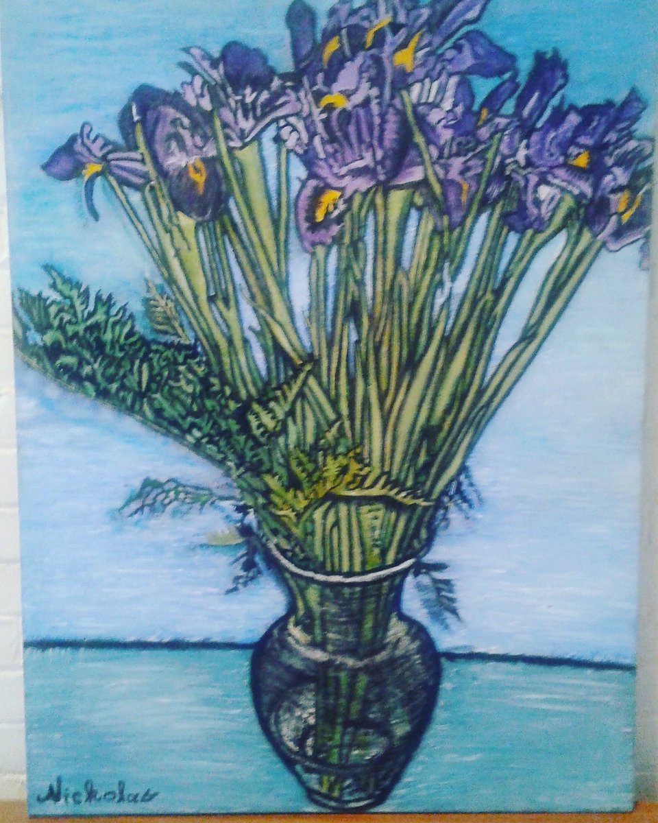 NickolasHadzis's tweet photo. #fineart #oilpainting #painting #drawing #art #modernart #stlllife #flowers #irises #mauveflowers #blue #bluesky #bluewater #greenstems #greenleaves #vangoghinspired #springflowers #perenials #freshcutflowers #naturalflowerarrangement #cindysirises #feedingthespirit #water #earth https://t.co/mEdd7O7wCf