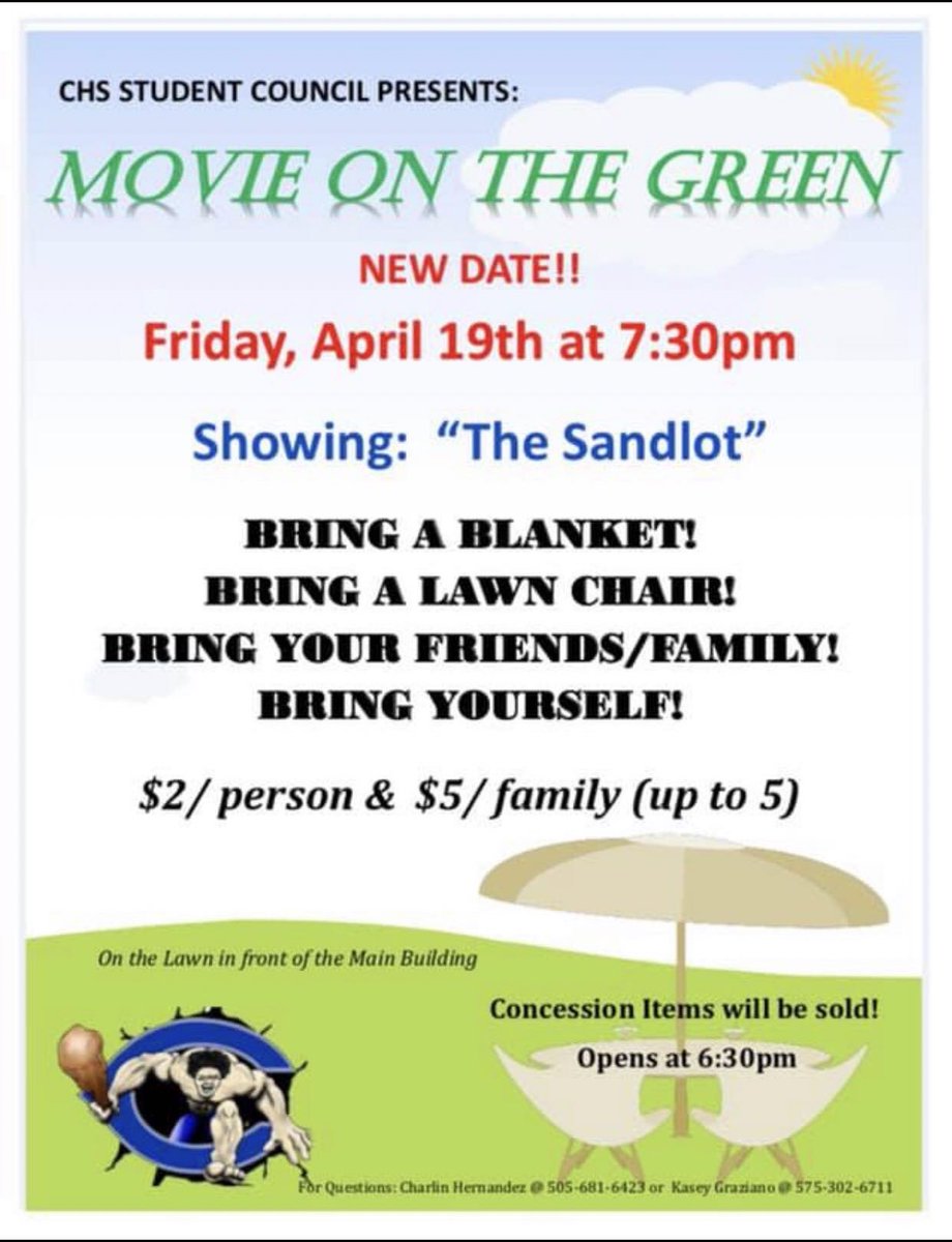 CHS_StudentCo's tweet photo. 📽 Movie on the Green is rescheduled for THIS FRIDAY! 💚 Be sure to be there! https://t.co/dsmRf1lfxB