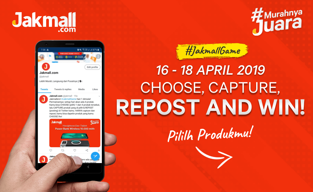 jakmall's tweet photo. Udah siapin diri kamu kan untuk ikutan JakmallGame? 

Permainannya seperti ini: setiap harinya akan ada 4 produk. Kamu bisa CHOOSE 1 dari 4 produk lalu CAPTURE produk yang pilih, dan REPOST di Twitter kamu ya. HANYA capture &amp; repost, kamu bisa dapetin produk yang kamu CHOOSE lho! https://t.co/6YVzVbwnM4