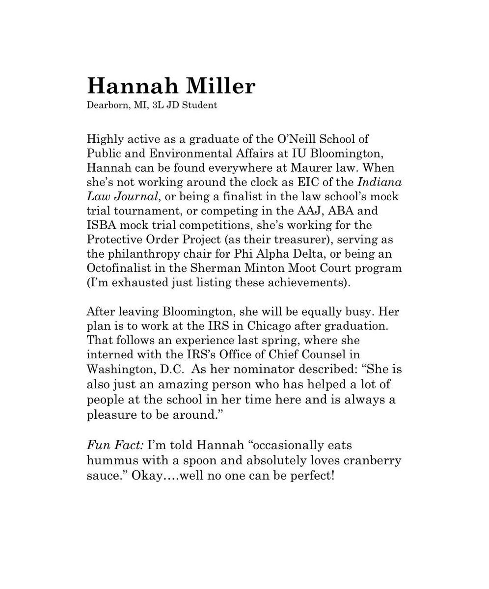 AustenParrish's tweet photo. Student Spotlight: meet 3L Hannah Miller, the outgoing EIC of the @IndianaLJ, Treasurer for the Protective Order Project, mock trial competitor, and future IRS attorney. Eating hummus and cranberry sauce with a spoon? Must be an ILJ inside joke. https://t.co/dh3Itixhb1