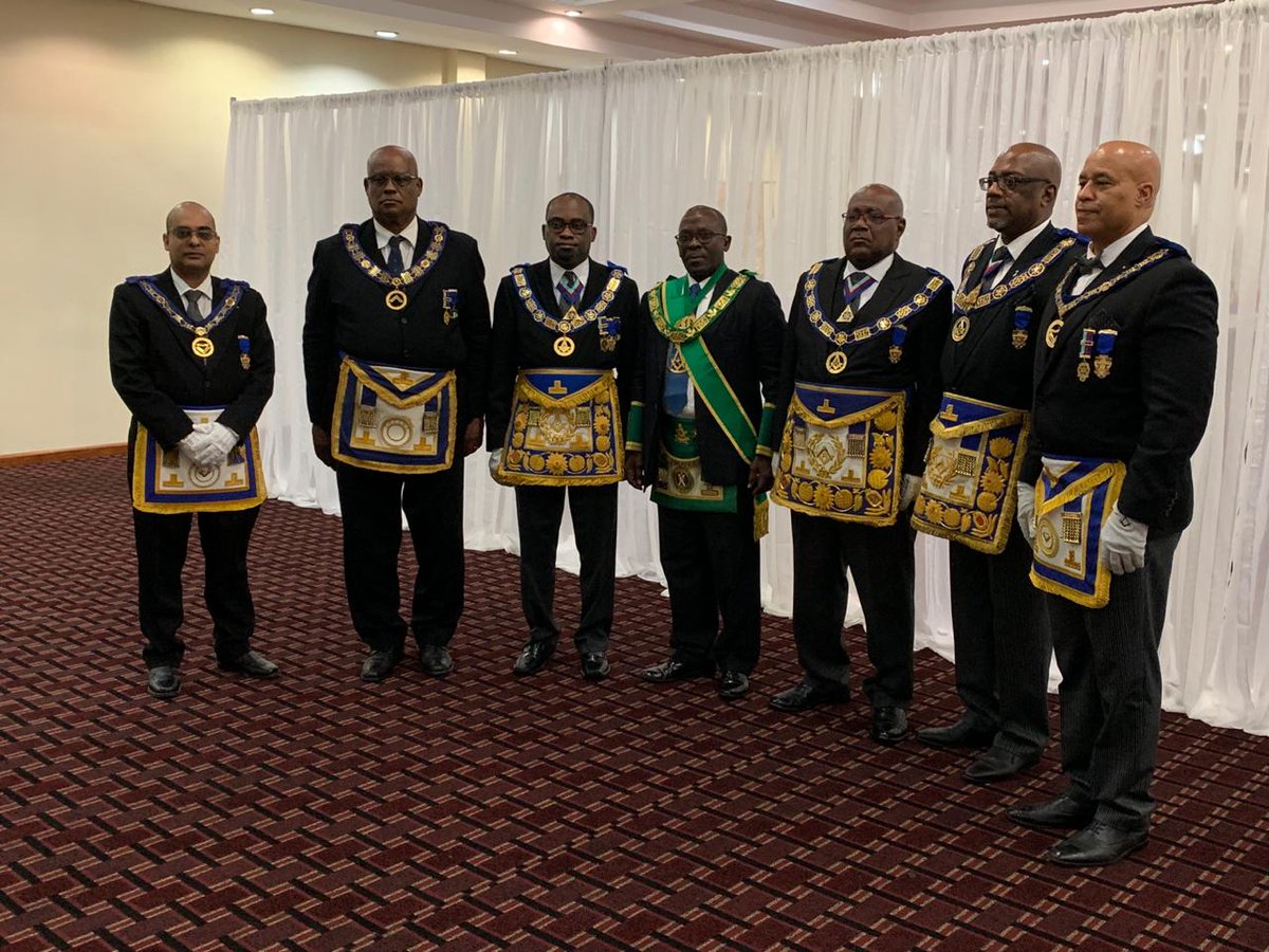 DGL_GY's tweet photo. R.W.Bro. Roysdale A. Forde  DGM with his DDGM and ADGM along with visiting DGMs from Guyana S.C,  Jamaica and the Cayman Islands E.C. and Barbados and the Eastern Caribbean E.C, and ADGM of Barbados and the Eastern Caribbean E.C at our Annual Convocation and Communication. https://t.co/BpKue1JBRW