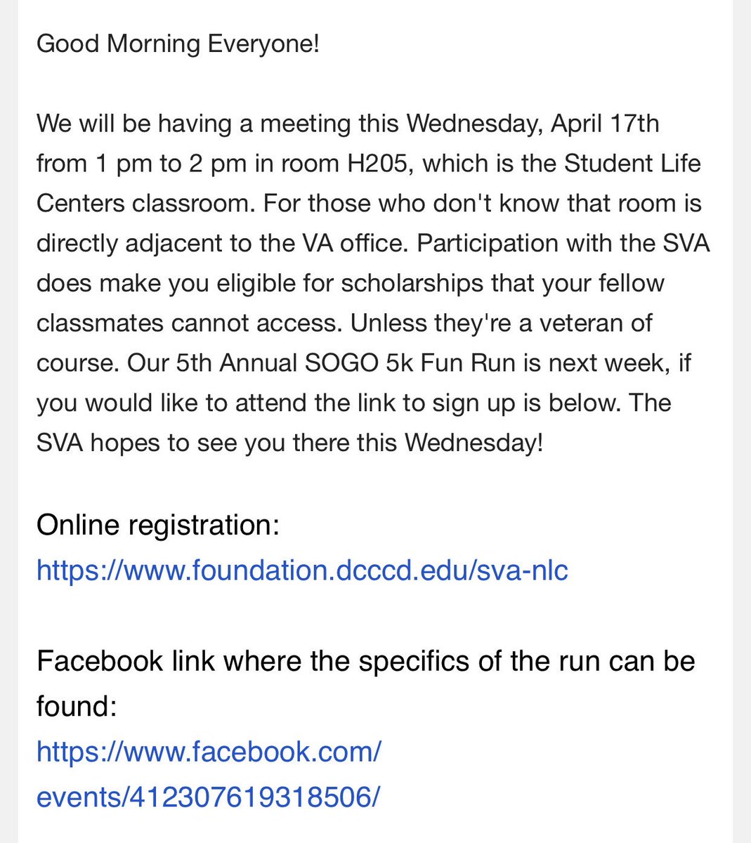 Good evening everyone! We have a meeting this Wednesday and would love if you guys attended. It’s our last meeting before our annual SOGO 5k next week!