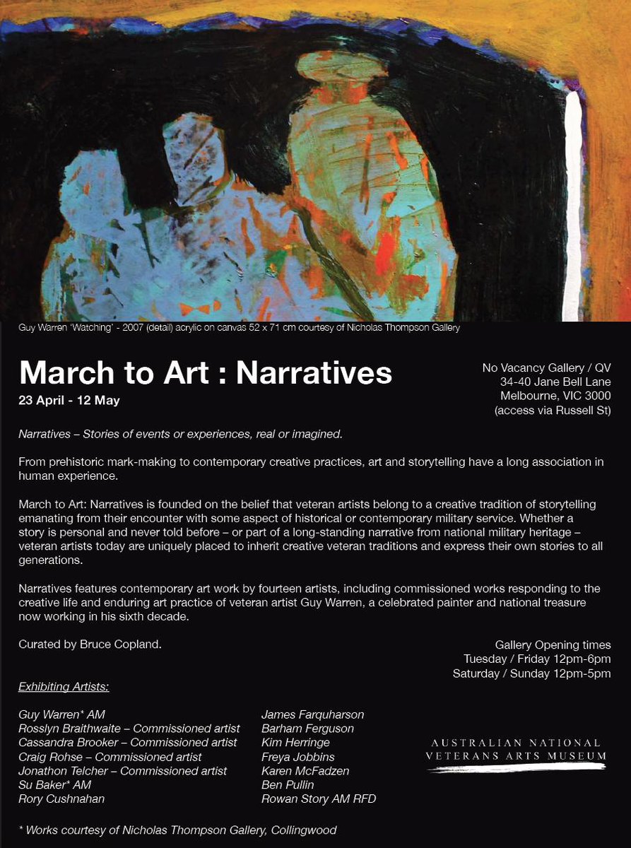 YOU are welcome to attend the annual #M2A19 exhibition #Narratives - features works by 14 artists from our veteran & family community #VeteranArtists #Family #FirstResponders #LivedExperience #Service #Resilience #SharedExperience #Community #StoriesMatter #ArtsHealthWellbeing 🖼️