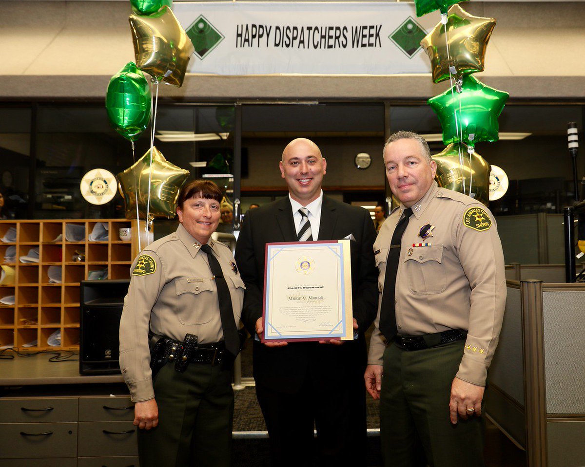 LASDHQ's tweet photo. Sheriff Villanueva honored #policedispatchers Nicolas Fragoso &amp; Michael Morreale- #LASD's Public Response Dispatchers of the Year award for remaining calm during the storm. Thank you! #NationalPublicSafetyTelecommunicationsWeek More here: https://t.co/1IJyKx5gNJ https://t.co/ZFqKsqOzou