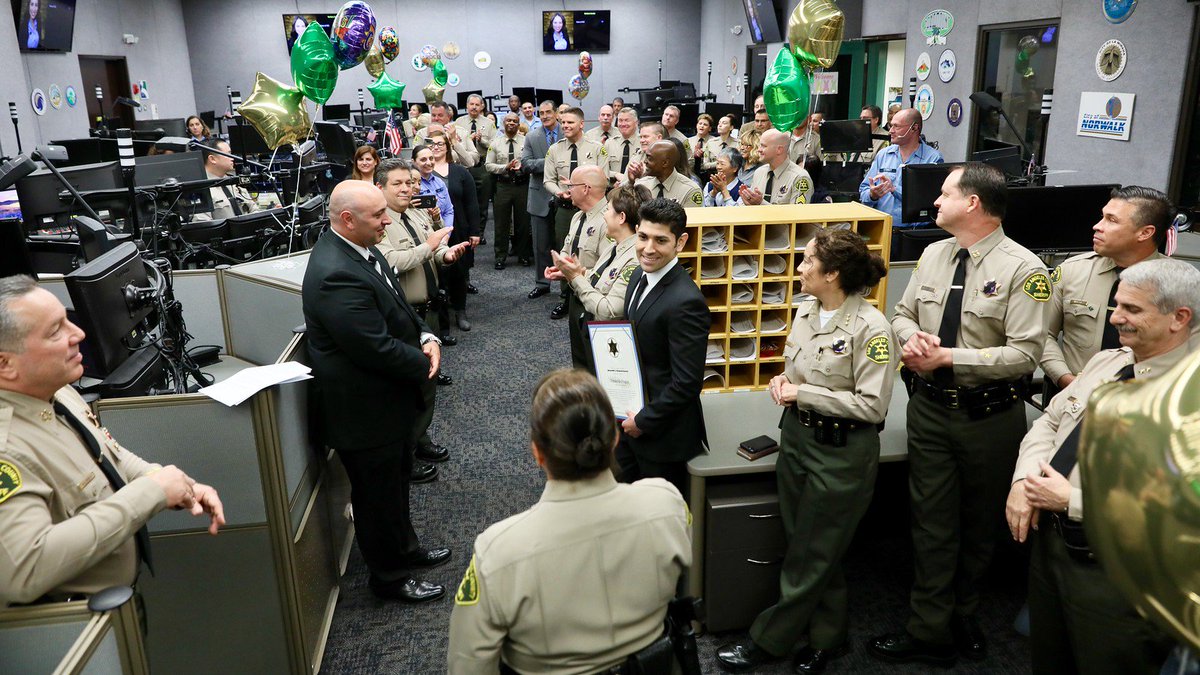 LASDHQ's tweet photo. Sheriff Villanueva honored #policedispatchers Nicolas Fragoso &amp; Michael Morreale- #LASD's Public Response Dispatchers of the Year award for remaining calm during the storm. Thank you! #NationalPublicSafetyTelecommunicationsWeek More here: https://t.co/1IJyKx5gNJ https://t.co/ZFqKsqOzou
