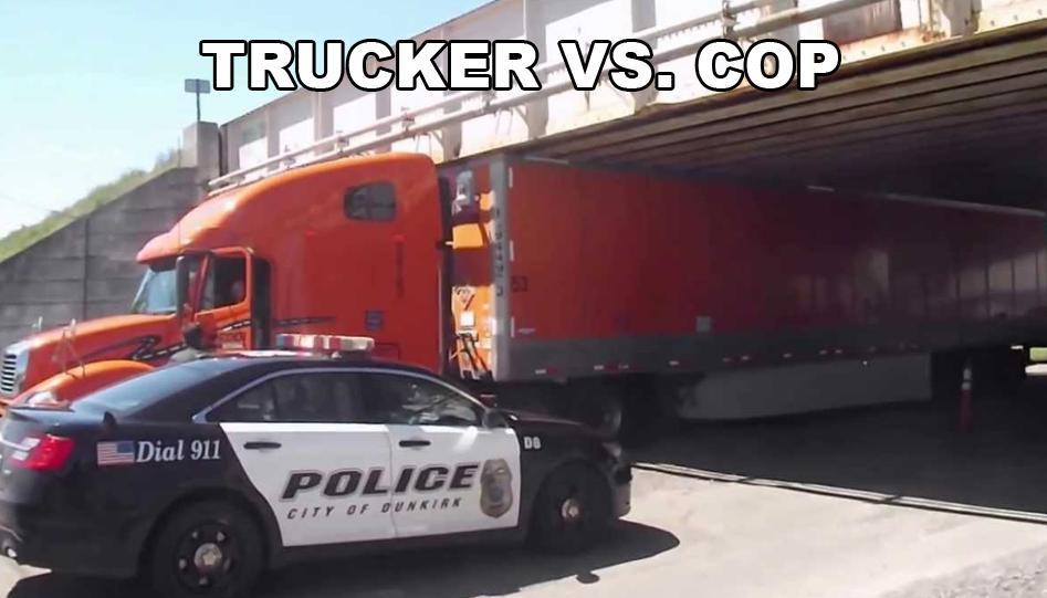true_chrome's tweet photo. A trucker misses the turn-off before the low bridge and gets stuck under it. Cars are backed up for miles. Finally, a police car pulls up. The cop walks around to the truck driver and says, “Got stuck huh?” The driver says, “No, I was delivering this bridge and ran out of gas.”😅 https://t.co/hqOZRWq3ZW