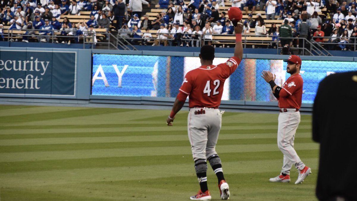 Reds's tweet photo. “Maybe [today] we’ll all wear 42.”

Play ball!

#Jackie42 | #BornToBaseball https://t.co/k6llLkNVdt