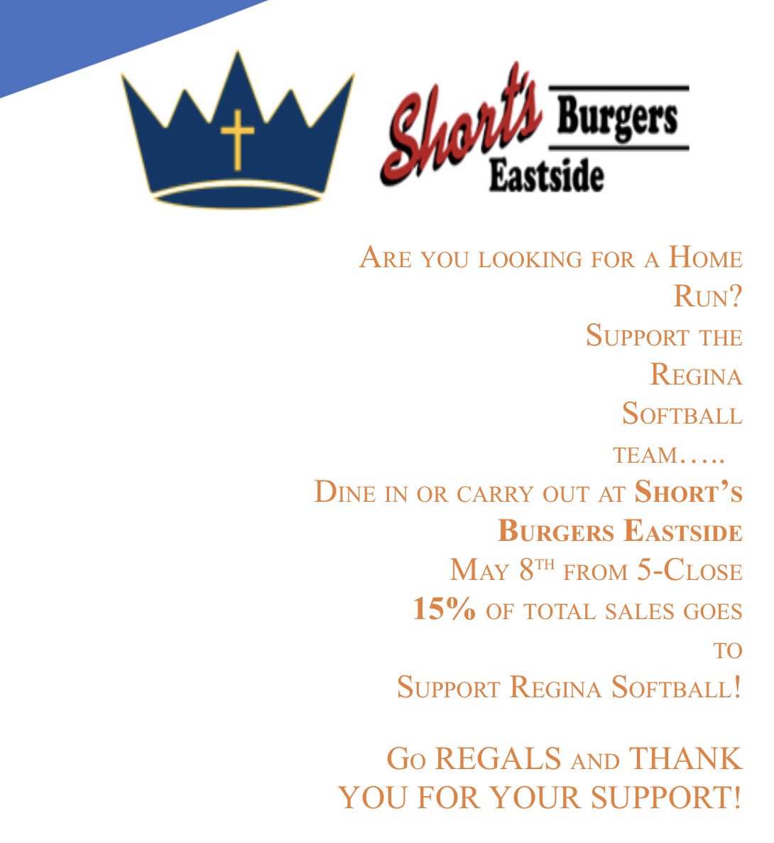ICReginaSB's tweet photo. Thanks to @ShortsEastside for hosting Regina Softball night! Put it on your calendar, invite some friends and go grab a great meal to support this years Regals! #dinetodonate #yeahregals https://t.co/d150B6IoUd