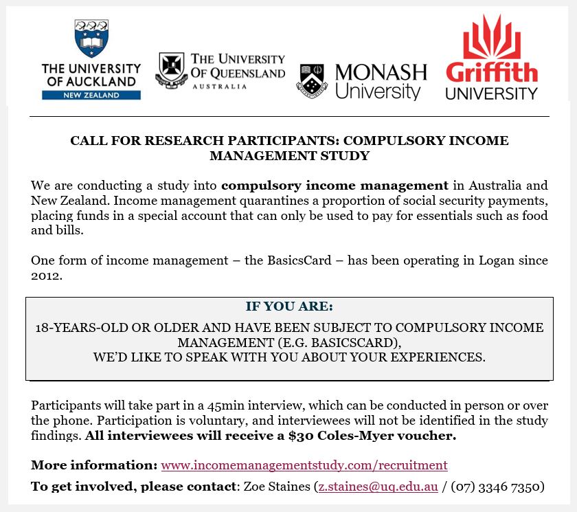 CIM_Study's tweet photo. CALL FOR INTERVIEWEES IN #LOGAN (Brisbane) 
If you’re over 18 years &amp; on the #BasicsCard, we’d like to speak with you about your experiences. Please RT to those who might be interested @ACOSS @QCOSS_ @AusUnemployment @APN_QLD @logancc https://t.co/PVvfqkn3T7