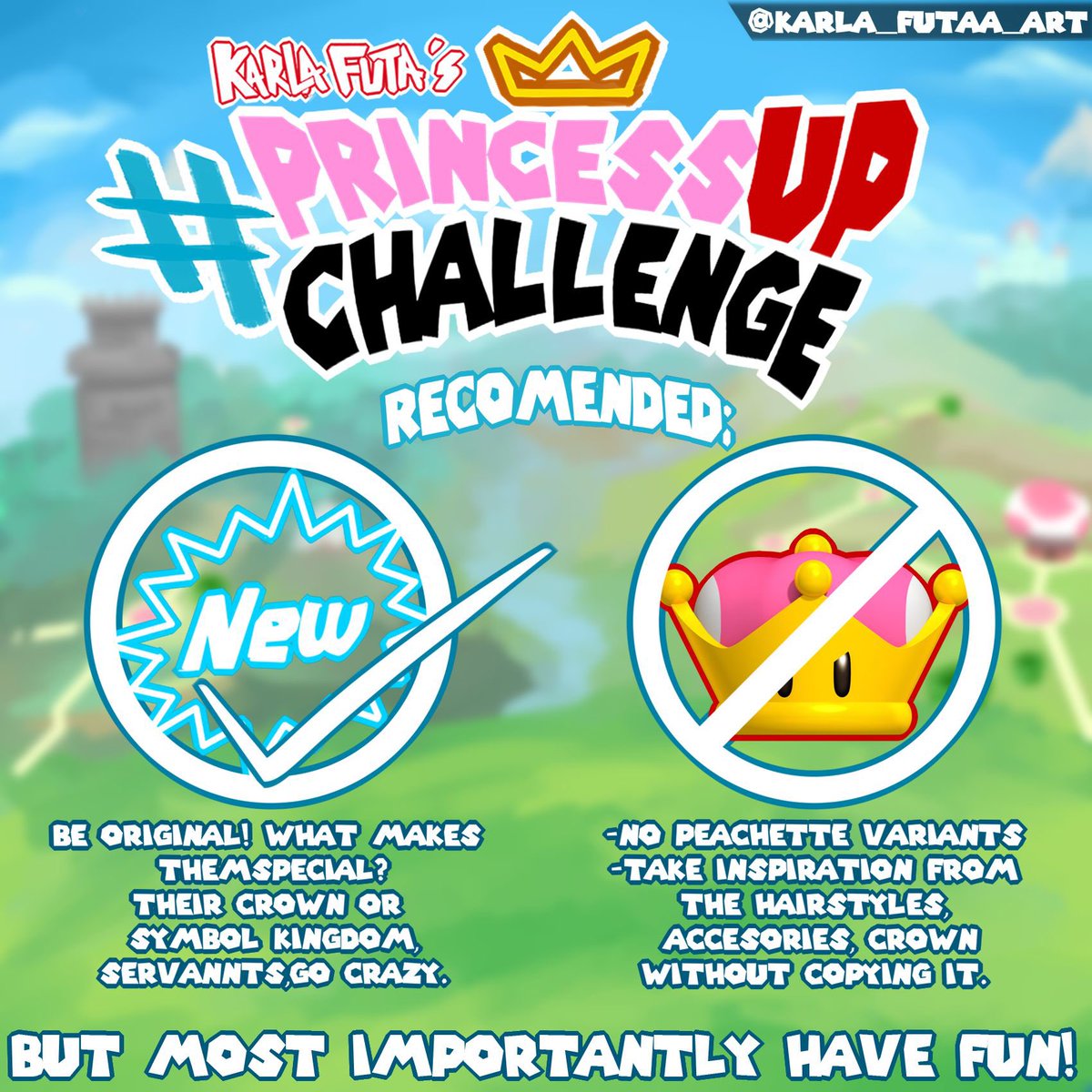 K_INK_INK's tweet photo. I CHALLENGE YOU TO A PrincessUP! A fun challenge where your oc has been transported to the mario princesses universe, Creativity is the name of the game, design and adapt your oc’s quirks and uniqueness into a proper royal princess!
#princessup #princessUPchallenge #crownyouroc https://t.co/a9Bsail9yM