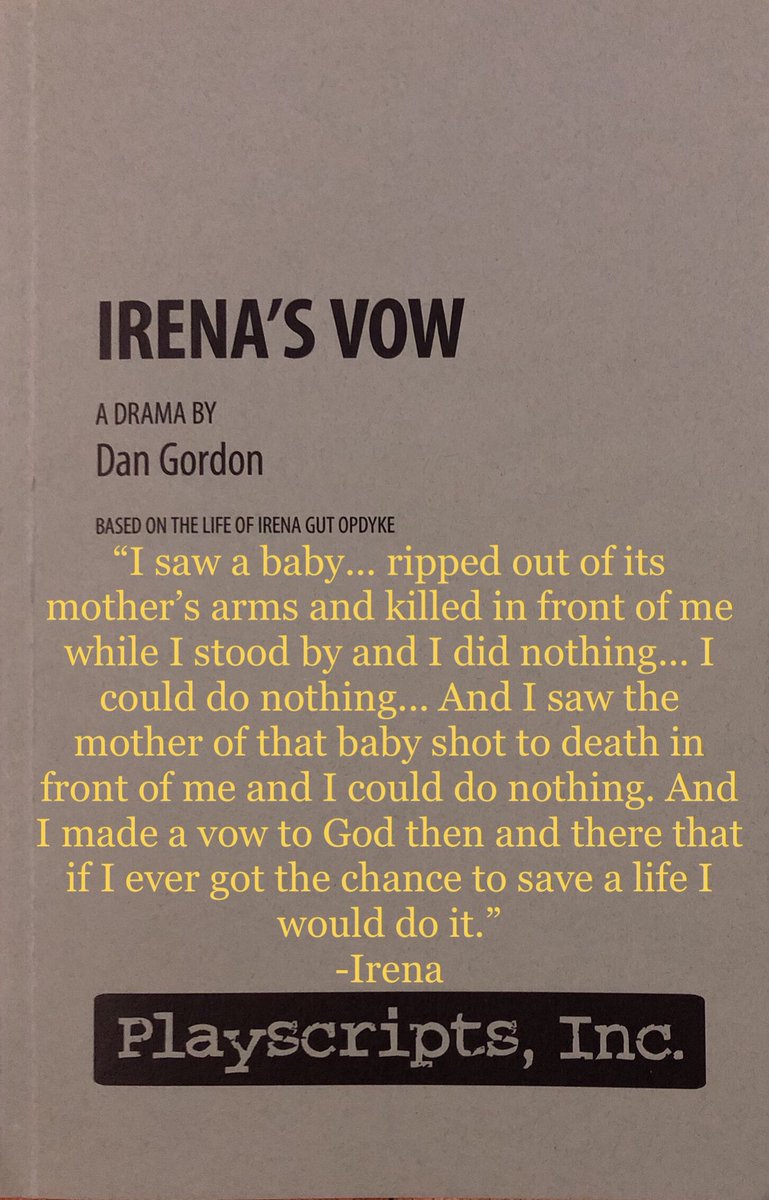 And I made a vow to God then and there that if I ever got the chance to save a life I would do it.”
-Irena

Play: Irena’s Vow
Writer: Dan Gordon (Based on the life of Irena Gut Opdyke)
Licensing Co.: @playscripts 

#theatre #plays #quotes #Holocaust #IrenasVow