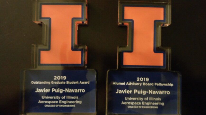 Congrats to <a href="/japuina/">Javier Puig-Navarro</a> on receiving, not one but, two honors at <a href="/AEatIllinois/">AE at Illinois</a> today... the Outstanding Graduate Student Award and the Alumni Advisory Board Fellowship! The <a href="/NASA_Langley/">NASA Langley Research Center</a> <a href="/AutonomyIncub8r/">Autonomy Incubator</a> is proud to call Javier colleague and friend and we eagerly await his return.