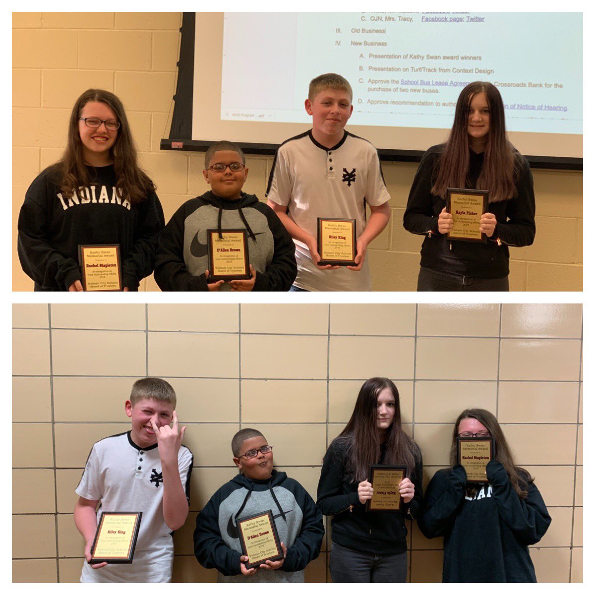 WMS_Apaches's tweet photo. Wabash Middle School is so proud of our 2019 Kathy Swan Awards winners. They are great young people with high potential, a serious side and of course a silly side. Congrats to all four WMS Students! #TheApaceWay https://t.co/34IJeHpMrE