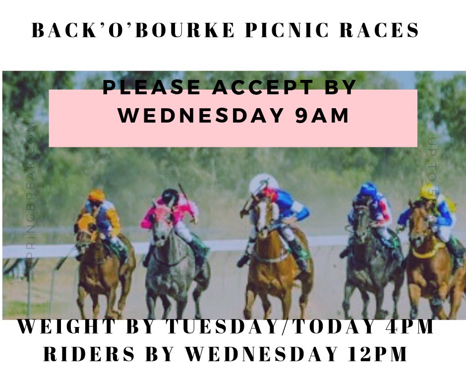 BourkeRaceClub's tweet photo. Nominations are in.... please accept by 9am tomorrow morning! (Wednesday 17/04/19)
#bourkepicnicraces #bourke #picnicraces #fashion #jumpingcastle #familyfriendly #wraraces #racingnsw #fotf #splashecola #countryracing #backobourke https://t.co/dnPcJ7RRFY