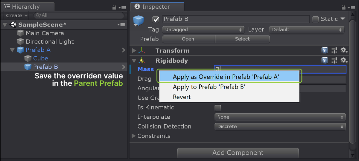 VDCafe's tweet image. Right-click on an overridden property in the inspector to apply it to the original prefab, or to save it as a permanently overridden property in the parent prefab. #UnityTips #Unity3d #NestedPrefabs #GameDev

Learn More: visualdesigncafe.com/guides/ultimat…