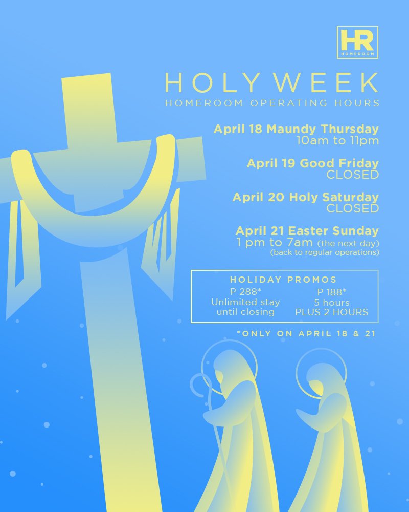 HomeRoomPH's tweet photo. Our schedule this Holy Week 😊 https://t.co/EUOOr8NU5M