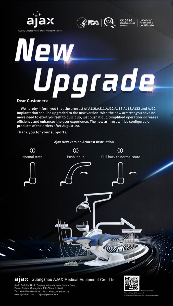 ajax_ltd's tweet image. New Upgrade for better service!
#ajaxdent #dentalchair #pebbleLEDESL #newarmrest #discfootcontrol