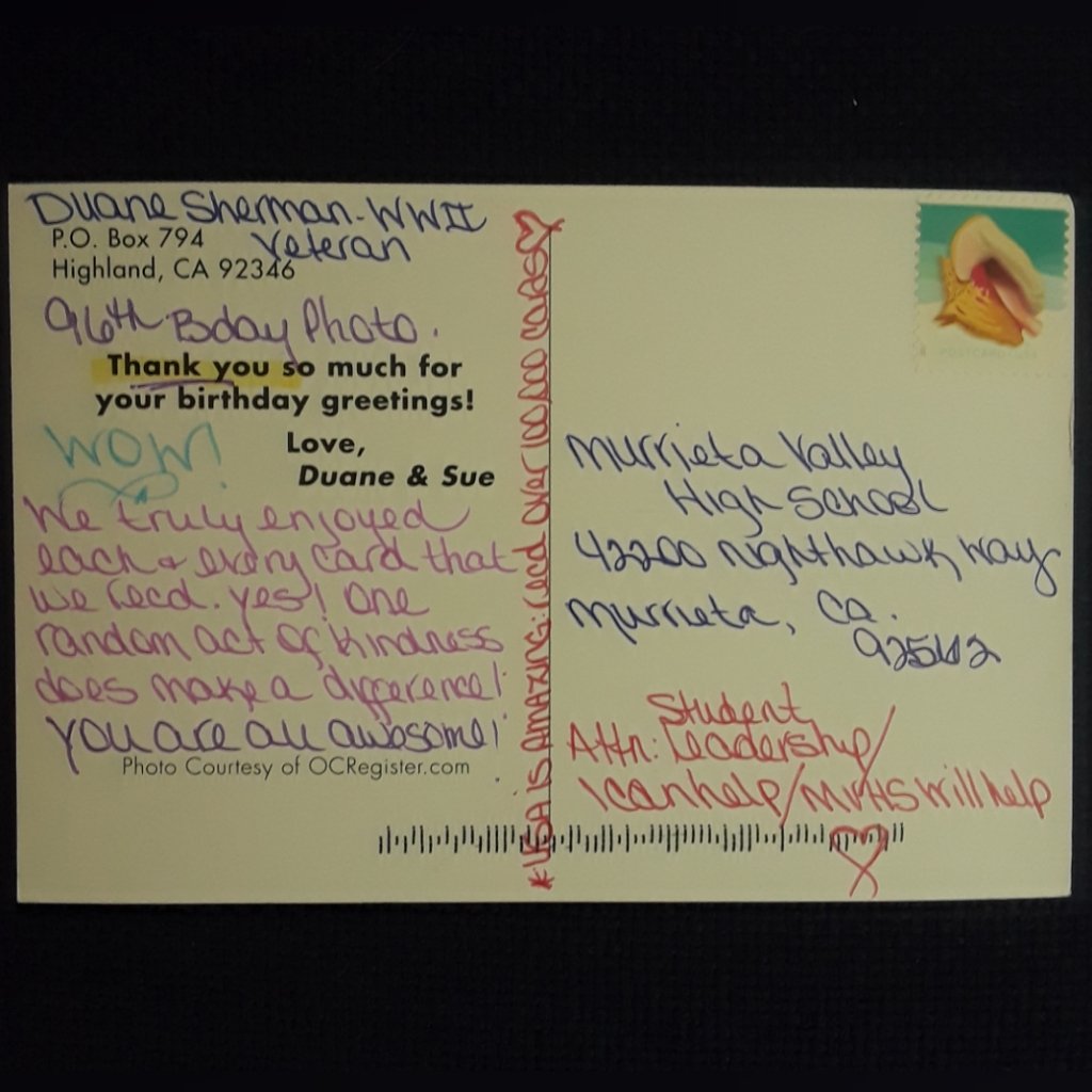 MVHSwillhelp's tweet photo. @ComstockNEWS @CBSLA A couple weeks ago leadership wrote birthday cards to Duane! Today we recieved this postcard back😄 One small act of kindness can go a long way! #kindnessmatter #RITEhawks #MVHSwillhelp #icanhelp https://t.co/TZxdqmqDG4