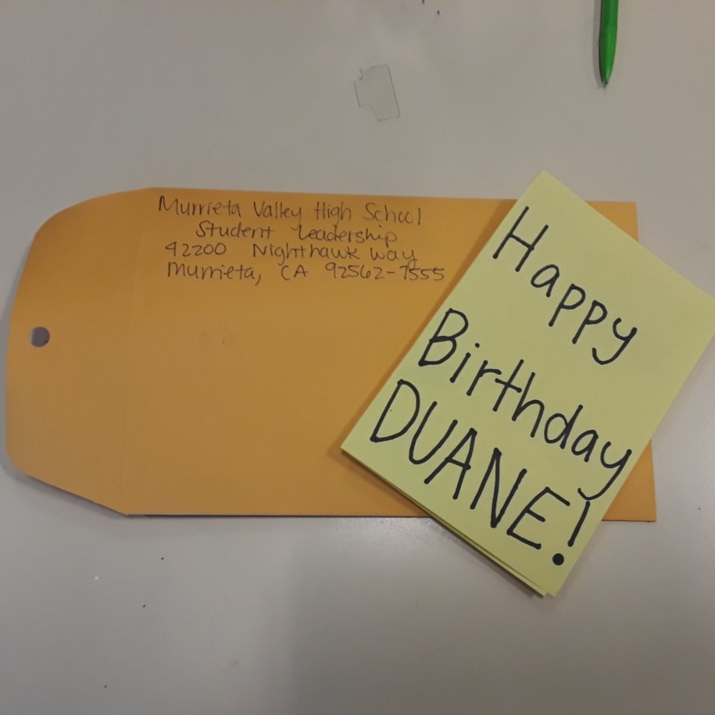 MVHSwillhelp's tweet photo. @ComstockNEWS @CBSLA A couple weeks ago leadership wrote birthday cards to Duane! Today we recieved this postcard back😄 One small act of kindness can go a long way! #kindnessmatter #RITEhawks #MVHSwillhelp #icanhelp https://t.co/TZxdqmqDG4
