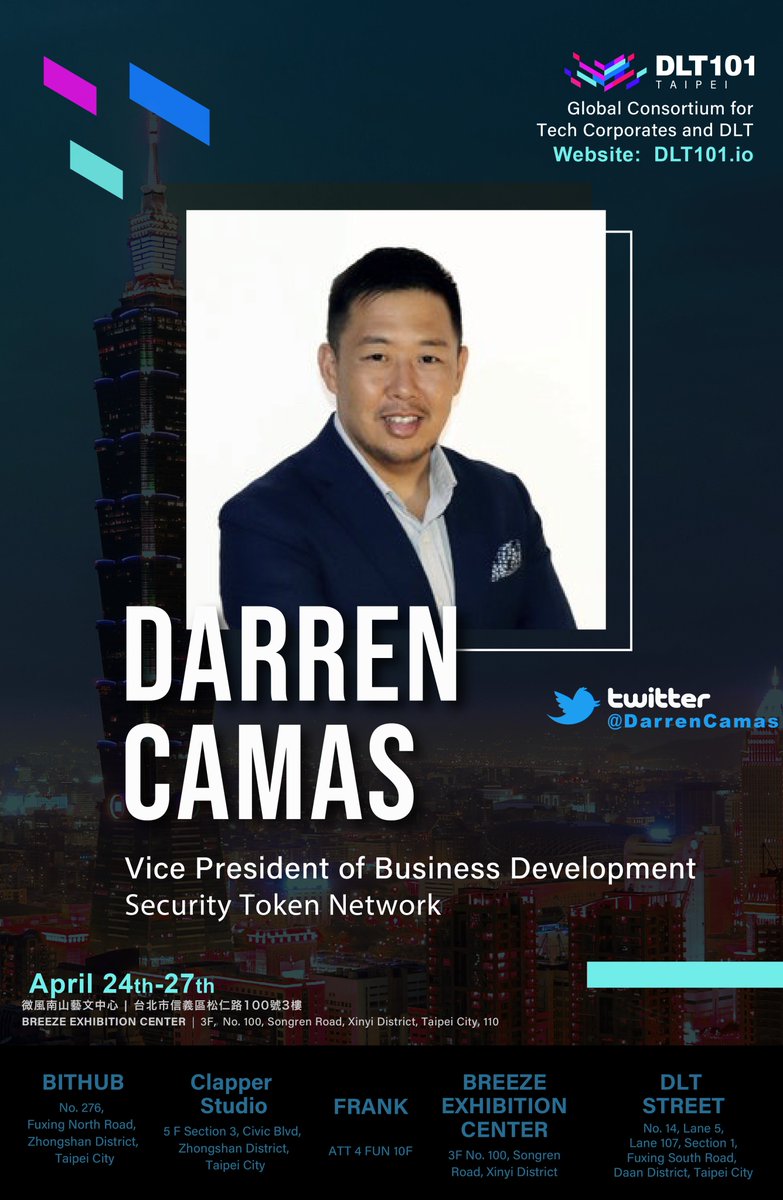 DLT101_io's tweet photo. The DLT101 team is honored to have Darren Camas and Security Token Network team join as our speaker to share his expertise and insights in DLT101 Tech Summit in Taipei, Taiwan!
More speakers on Official website: https://t.co/ASn6kYdTPj
#DLT101 #DLT #SecurityTokenNetwork https://t.co/TA6A05Y1qf
