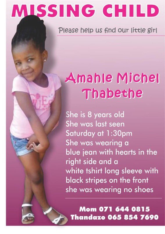 #CountryDuty

#AmahleThabethe

#FindAmahleThabethe

Tweeps, please help <a href="/tlhabanelo9/">Tlhabanelo Sehoole👑🌻</a> find her little girl, Amahle. 

She was last seen on the 4th of April 2019. 

I can’t imagine the pain. 

Your retweet could assist in the possibility of locating her 🙏🏿