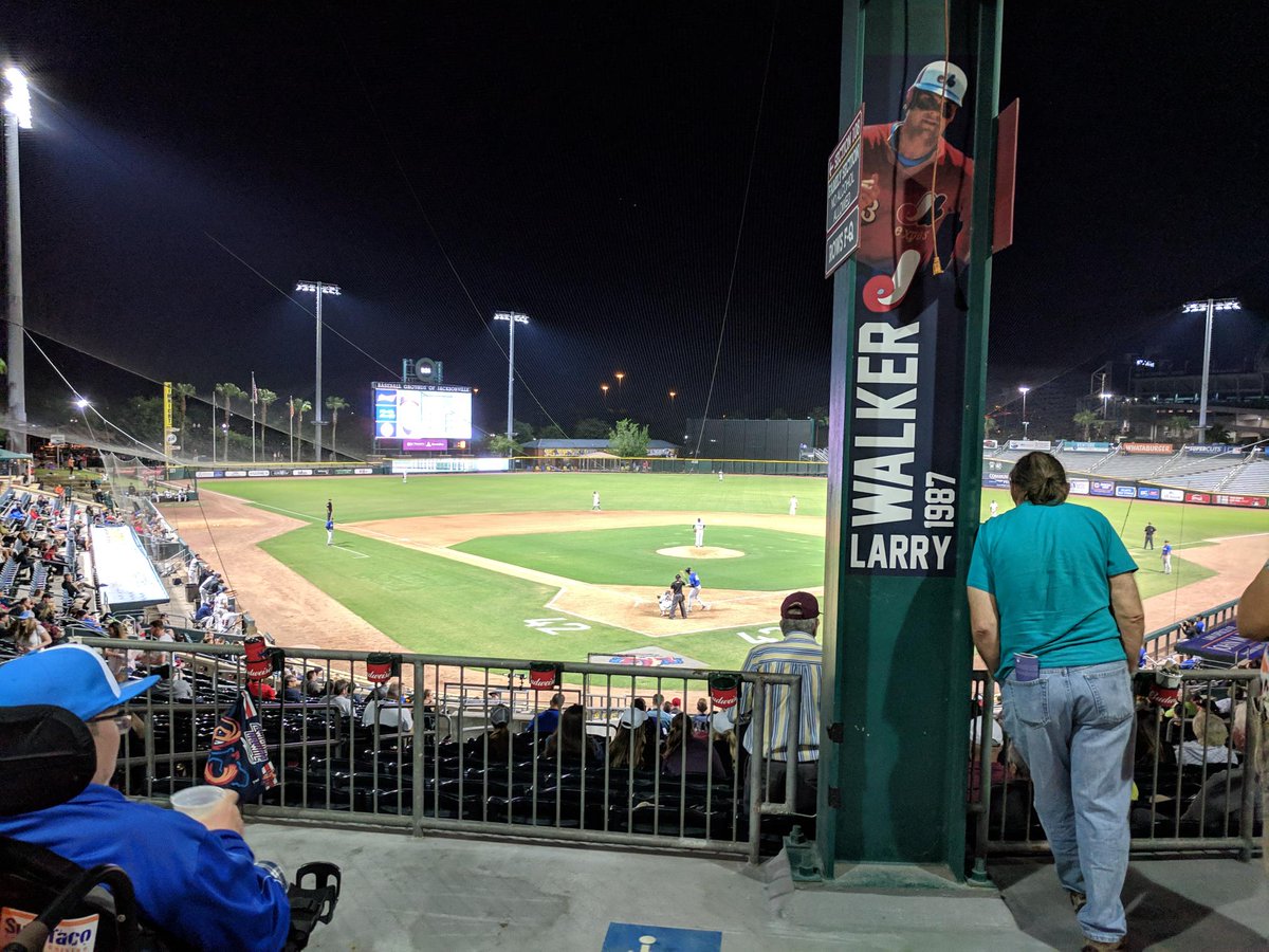 RussPoulin's tweet photo. Great going to the Jacksonville Jumbo Shrimp (yes that's the name of their minor league team) baseball game with @td_heath and Mitch. When they won, they played the song "Shrimply the Best." #nasasps https://t.co/b3Y7vDMvKr