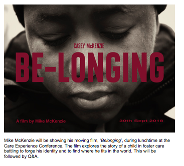 Careexpconf's tweet image. Mike Mckenzie will be showing his moving film &quot;Be-Longing&quot; during lunchtime at #careexpconf. The film explores the story of a child in foster care battling to forge his identity &amp;amp; find where he fits in the world. The film showing is followed by Q&amp;amp;A session ow.ly/5XKT30oryPa