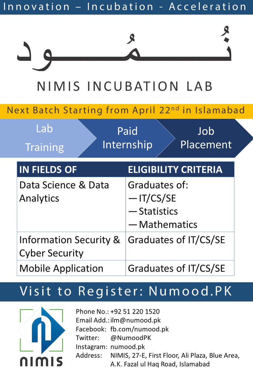 NumoodPK's tweet photo. Next batch starting from #Monday, April 22 in #Islamabad. Register on https://t.co/4kWP6clJYB & enroll before 18 April.
#Numood #Innovation #Incubation #Acceleration #Entrepreneruship #DataScience #BigData #CyberSecurity #InfoSec #MobilityProgram #Trainment #Vision2025 #Pakistan https://t.co/HveCzBplfg