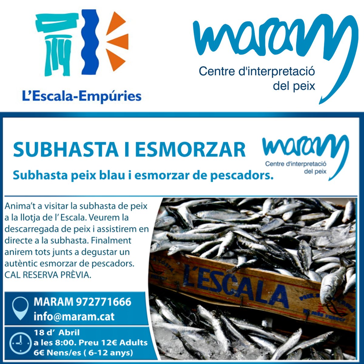 Anímate a visitar la subasta de pescado en la Lonja de la Escala. Veremos la descargada de pescado y asistiremos en directo en la subasta.Después iremos a degustar un auténtico desayuno de pescadores.Precio 12 € Adultos 6 € niños de 6 a 12 años <a href="/visitlescala/">L'Escala Turisme</a> <a href="/MARAMCIP/">MARAM</a>