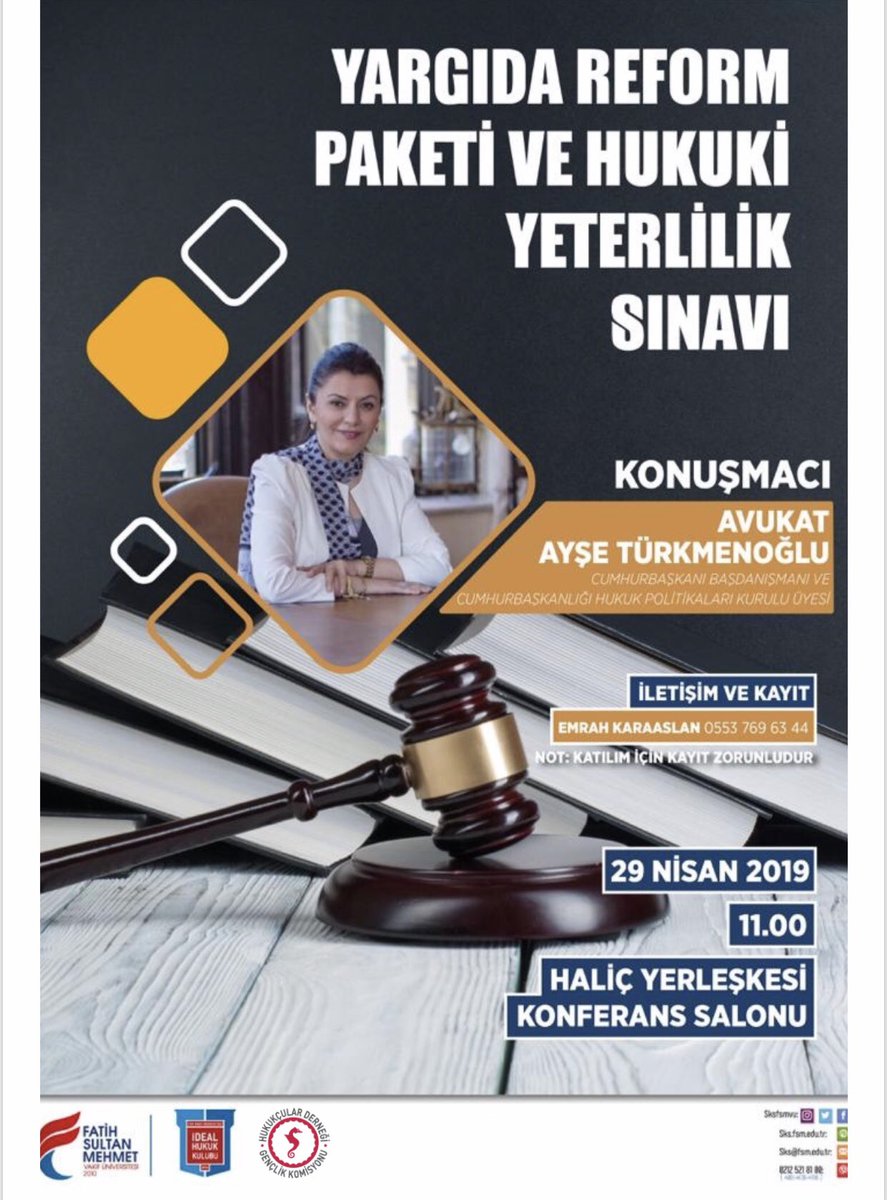 “YARGIDA REFORM PAKETİ VE HUKUKİ YETERLİLİK SINAVI” adlı konferansımız Haliç Yerleşkesi konferans salonunda 29 Nisan Pazartesi günü saat 11.00’da gerçekleşecektir.
**Cumhurbaşkanının Başdanışmanı ve Cumhurbaşkanlığı Hukuk Politikaları Kurulu üyesi Av. <a href="/AyseTurkmenogl/">Ayşe Türkmenoğlu</a> 
<a href="/HDGenclik/">HD Gençlik Komisyonu</a>