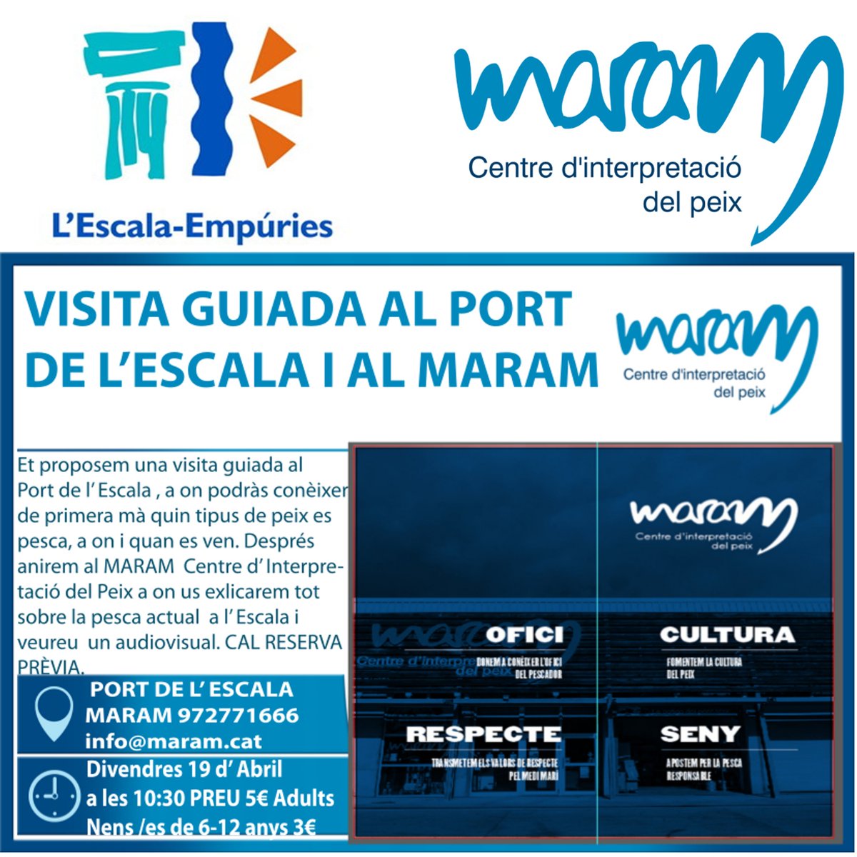 Te proponemos una visita guiada al Puerto de la Escala, donde podrás conocer de primera mano qué tipo de pescado se pesca, Después iremos al Centro de Interpretación del Pescado donde os explicaremos todo sobre la pesca actual en la Escala y ver un audiovisual.